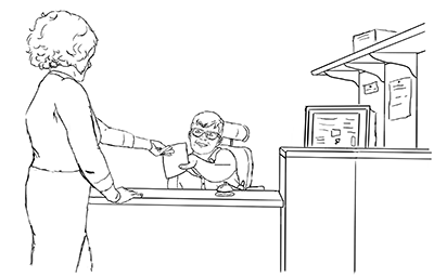 Someone accesses a front desk that has two different heights of counter. Someone accesses a front desk that has two different heights of counter.