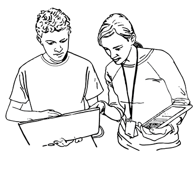 A student and an instructor look at a computer together.