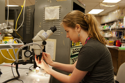 Photo of Phase II DO-IT Scholar Jessica looking through a microscope in the neurobiology lab