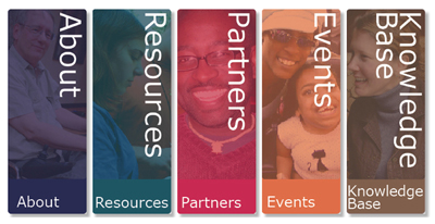 Image from the RDE website, feature five columns of categories: about, resources, partners, events, and knowledge base.