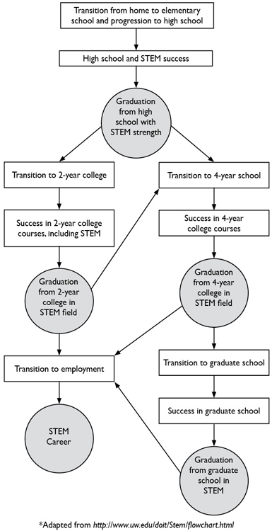 Flowchart showing critical junctures to STEM careers.