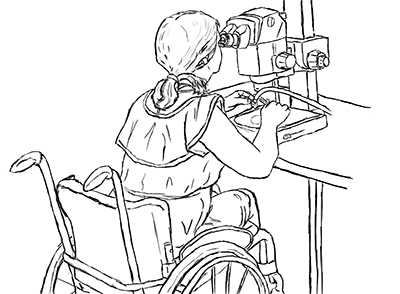 A drawing of a woman in a wheelchair using a microscope.