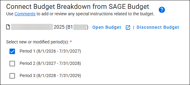 Connected budget with Period 1 selected.