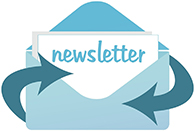 blue envelope with the word newsletter printed on it