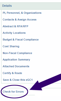 image displays left side navigation within SAGE, purple circle around check for errors and a purple arrow pointing to its location
