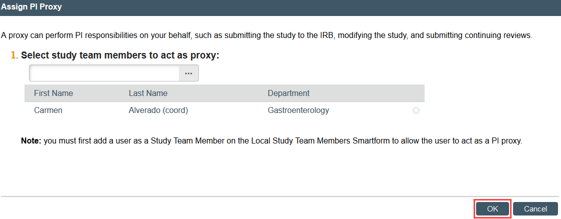 screenshot of the OK button in the Assign PI Proxy window
