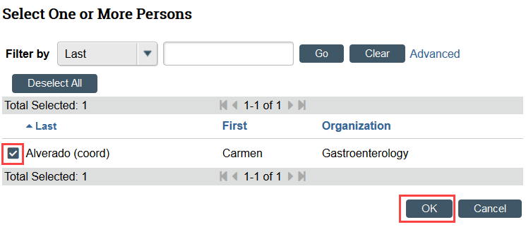 screenshot of the select person window showing the PI proxy being selected