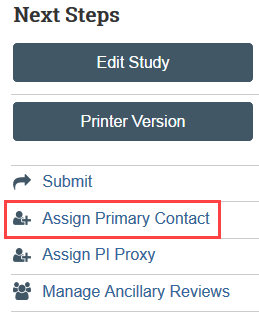 screenshot of the Assign Primary Contact activity in the study workspace
