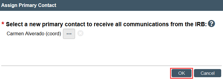 screenshot of the OK button in the Assign Primary Contact window