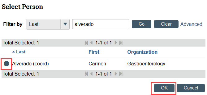 screenshot of the select person window showing the new primary contact being selected