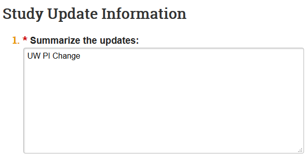 screenshot of the study update information page
