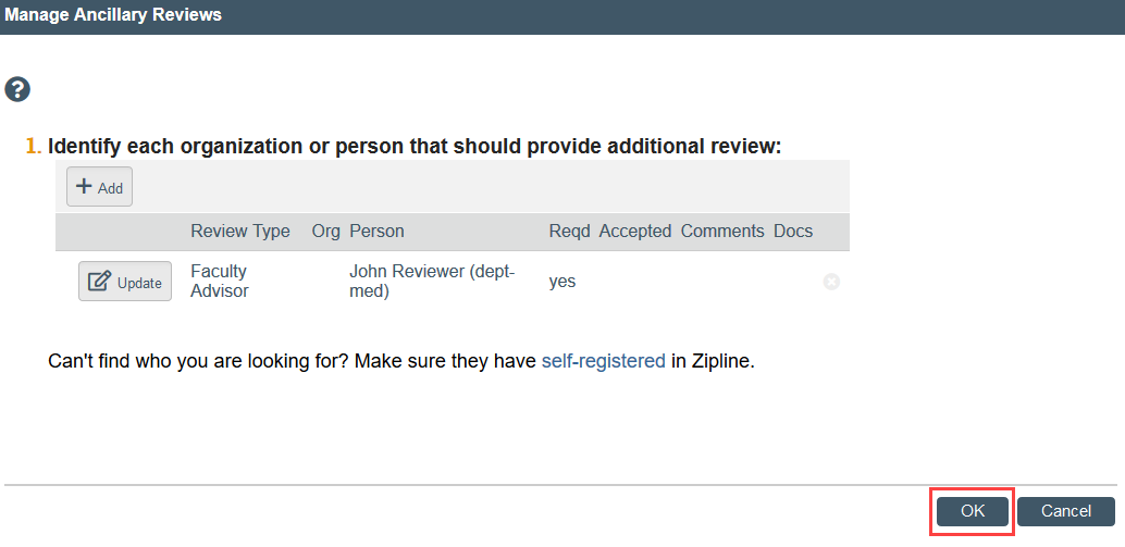 screenshot of the OK button in the Manage Ancillary Reviews window