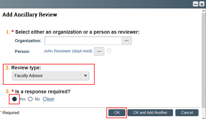 Screenshot of Add Ancillary Review slide in with faculty advisor selected as the review type