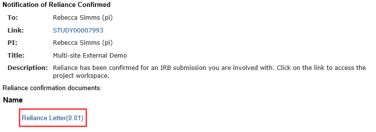 screenshot of the reliance confirmed notification