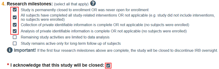 screenshot of the top 4 research milestones checked