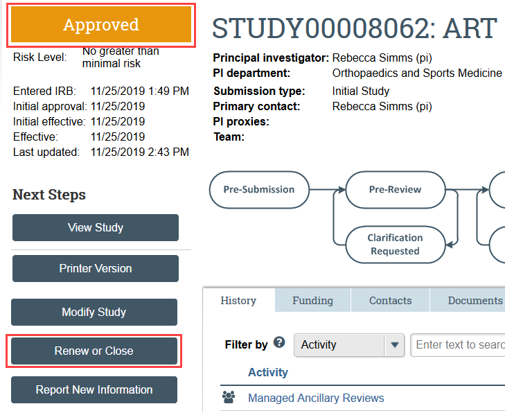 screenshot of the renew or close button for a zipline study