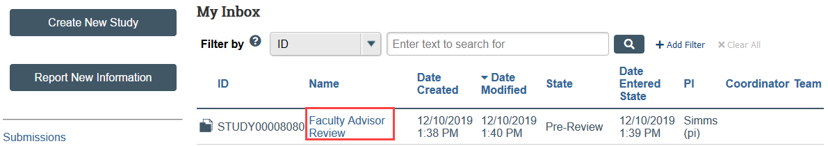 screenshot showing a study for faculty advisor review in Zipline
