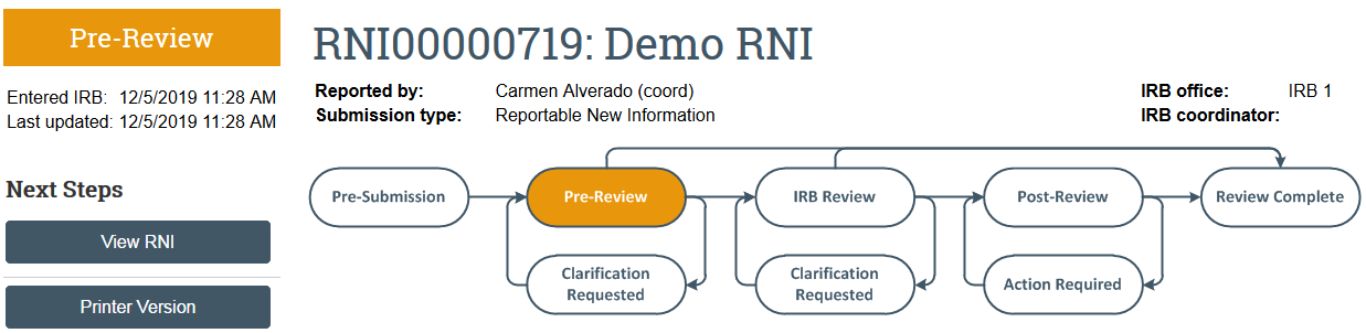 screenshot of a Report of New Information in Pre-Review