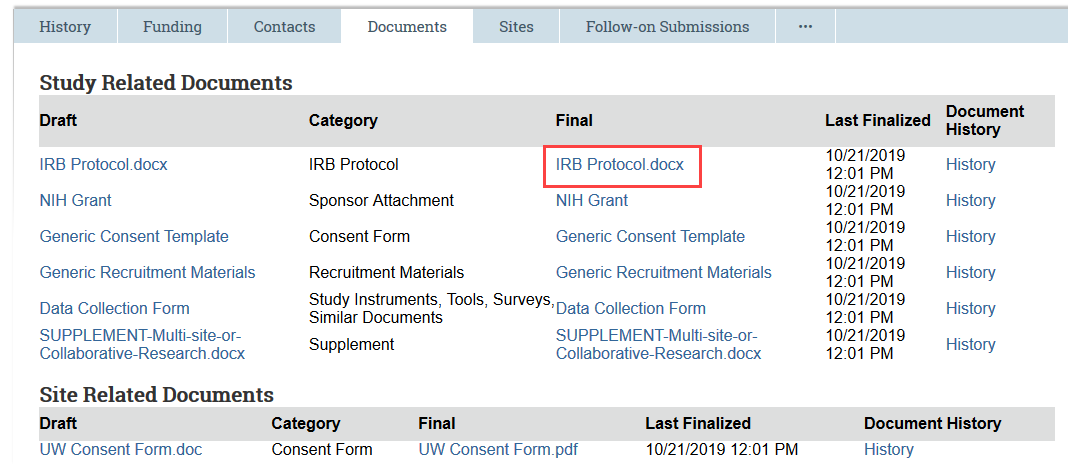screenshot of documents tab highlighting the final version