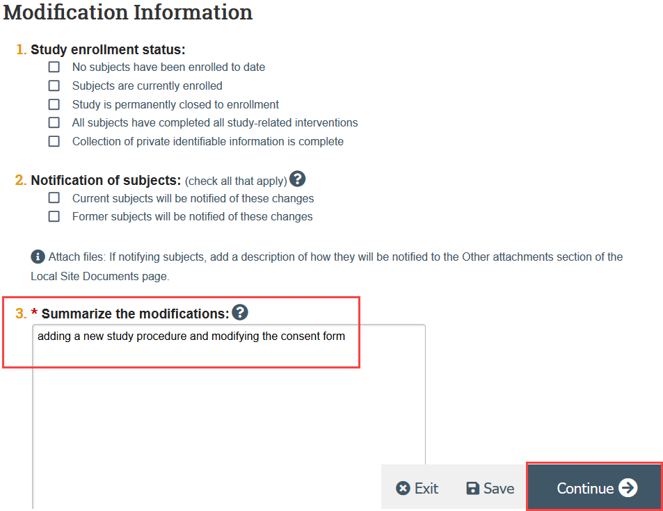 screenshot of modification information page