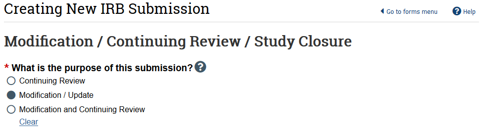 screenshot of modification purpose question