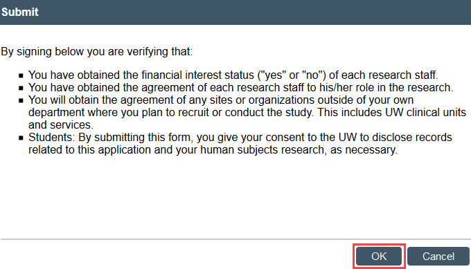 screenshot of ok button to verify modification submittal