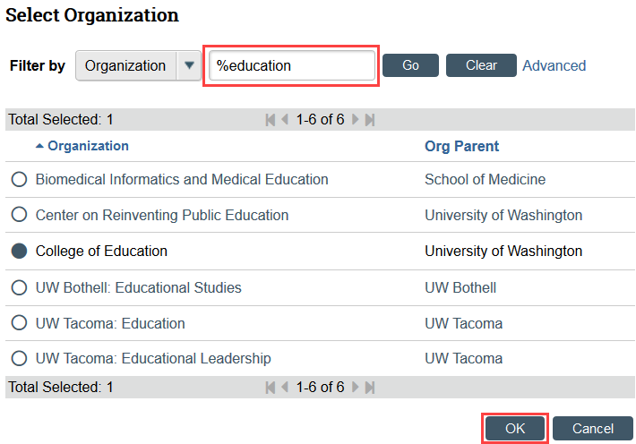 select organization window demonstrating filtering using the % wildcard