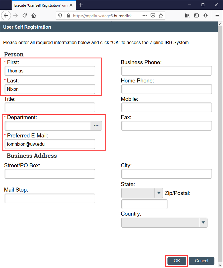 Zipline self registration screen
