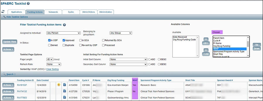 added W I A P column on task list