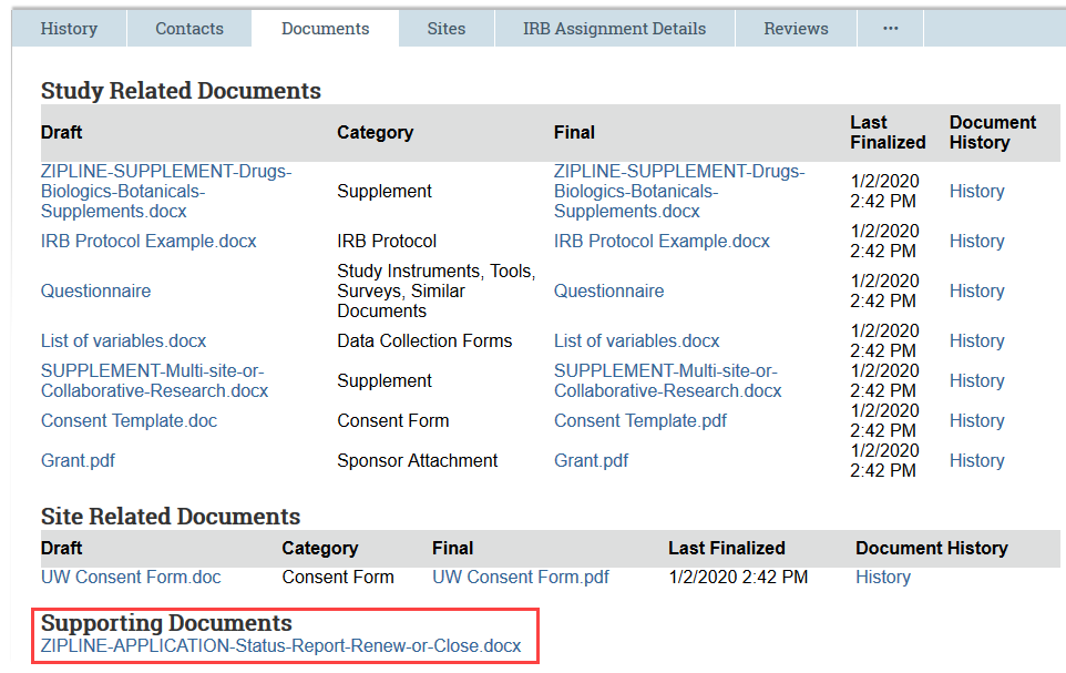 documents tab for a CR