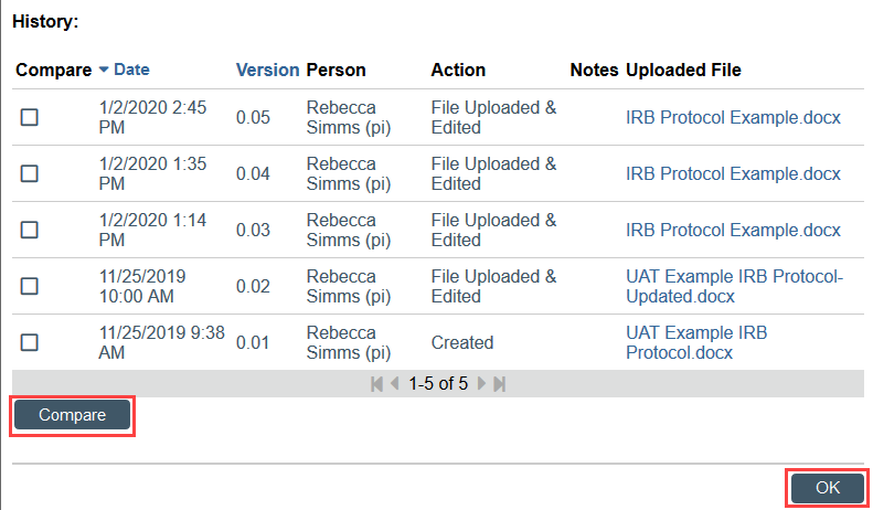 comparing a document in the history