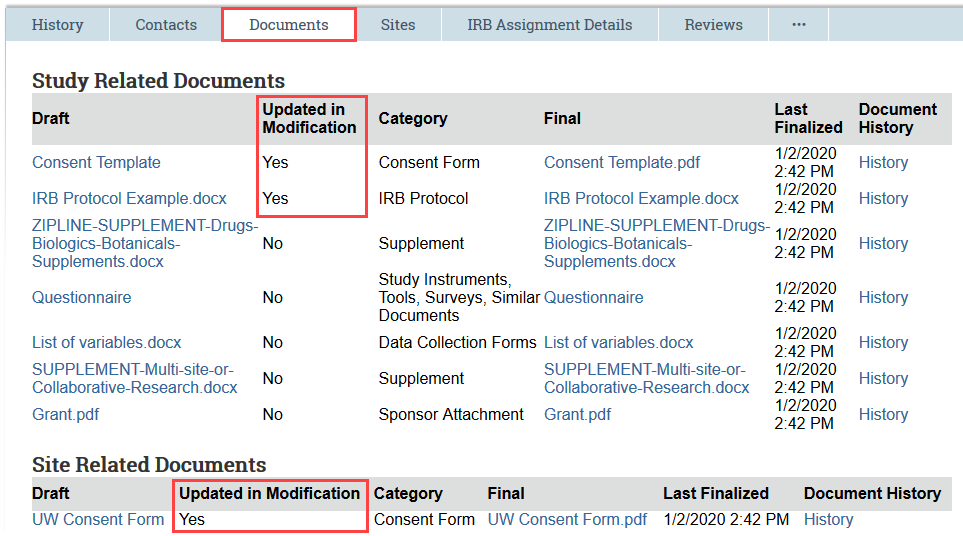 modification documents tab