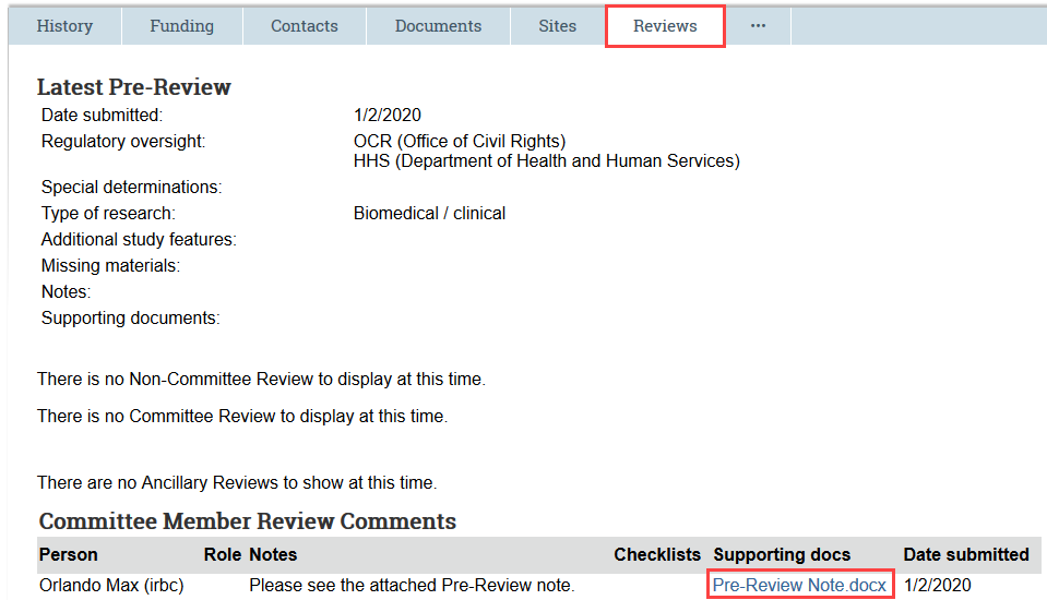 reviews tab showing the pre-review note