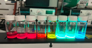 Containers on a table in a lab with glowing liquids of different colors lined up in a row