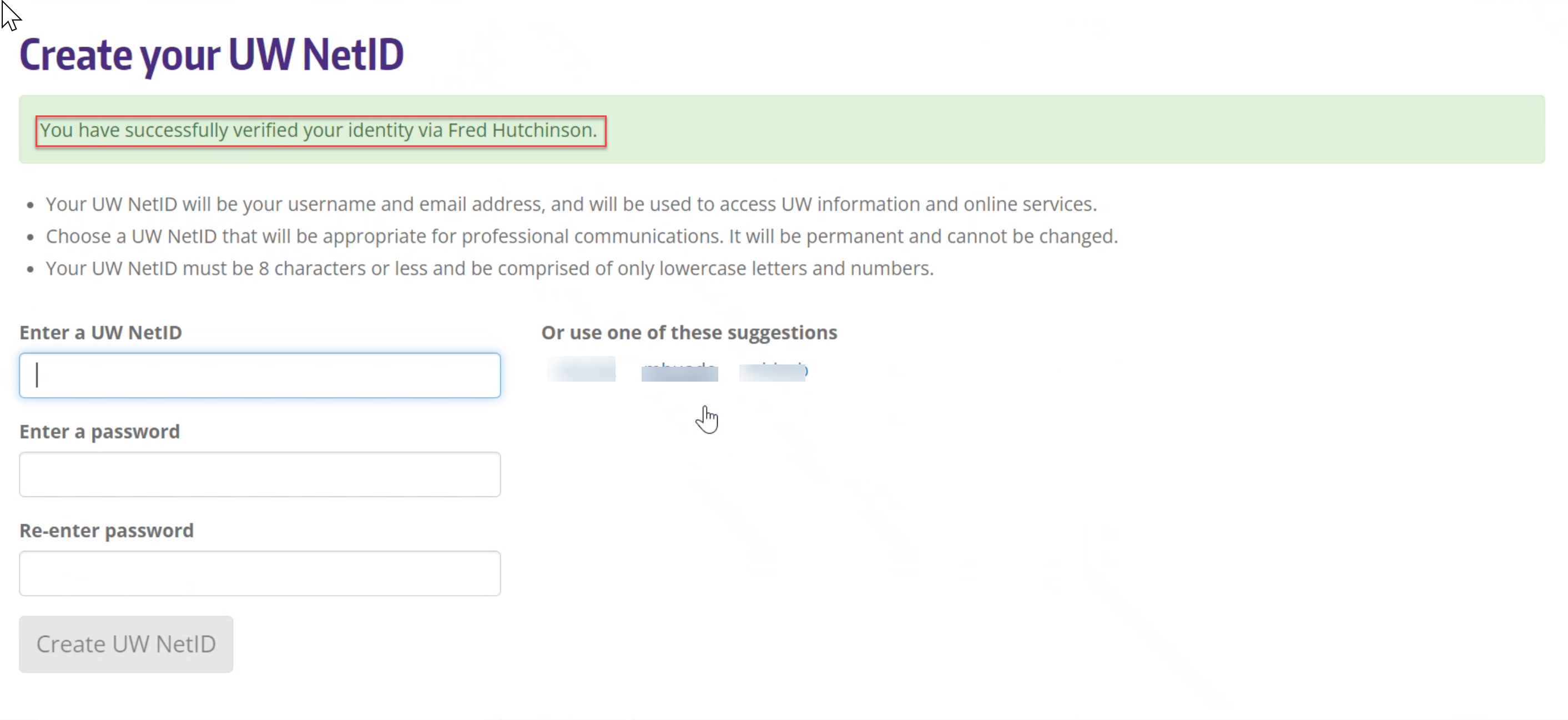 Screen shot of creating UW NetID webpage