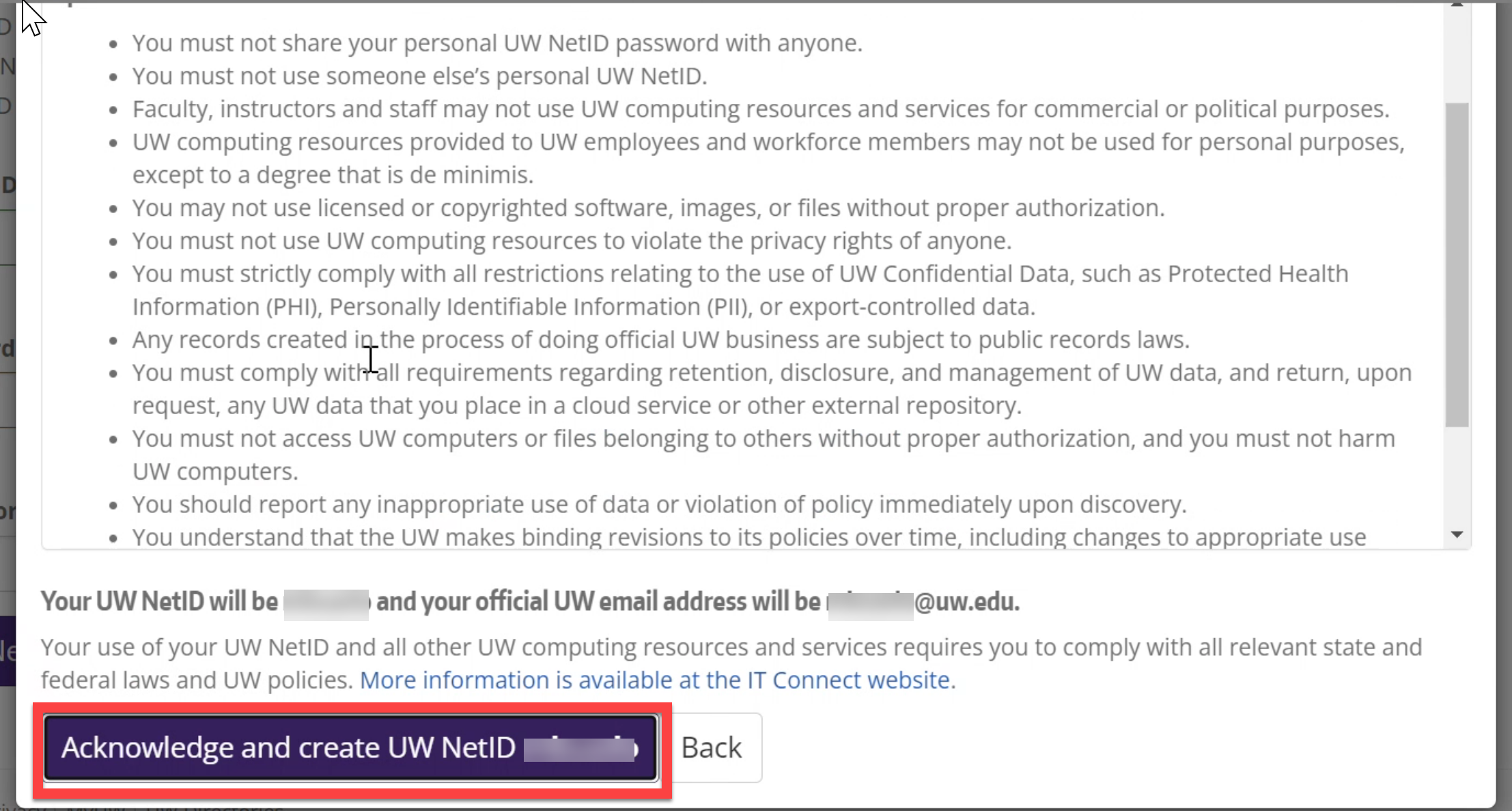 Screen shot of UW policies for UW NetID use