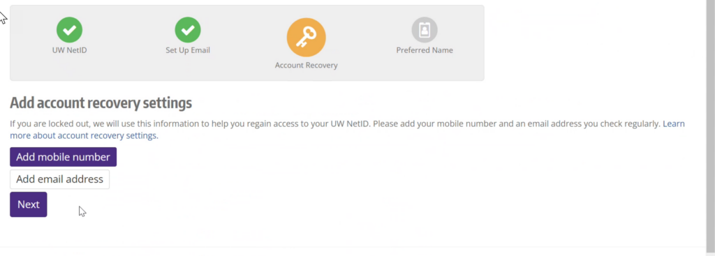 screenshot of account recovery settings 