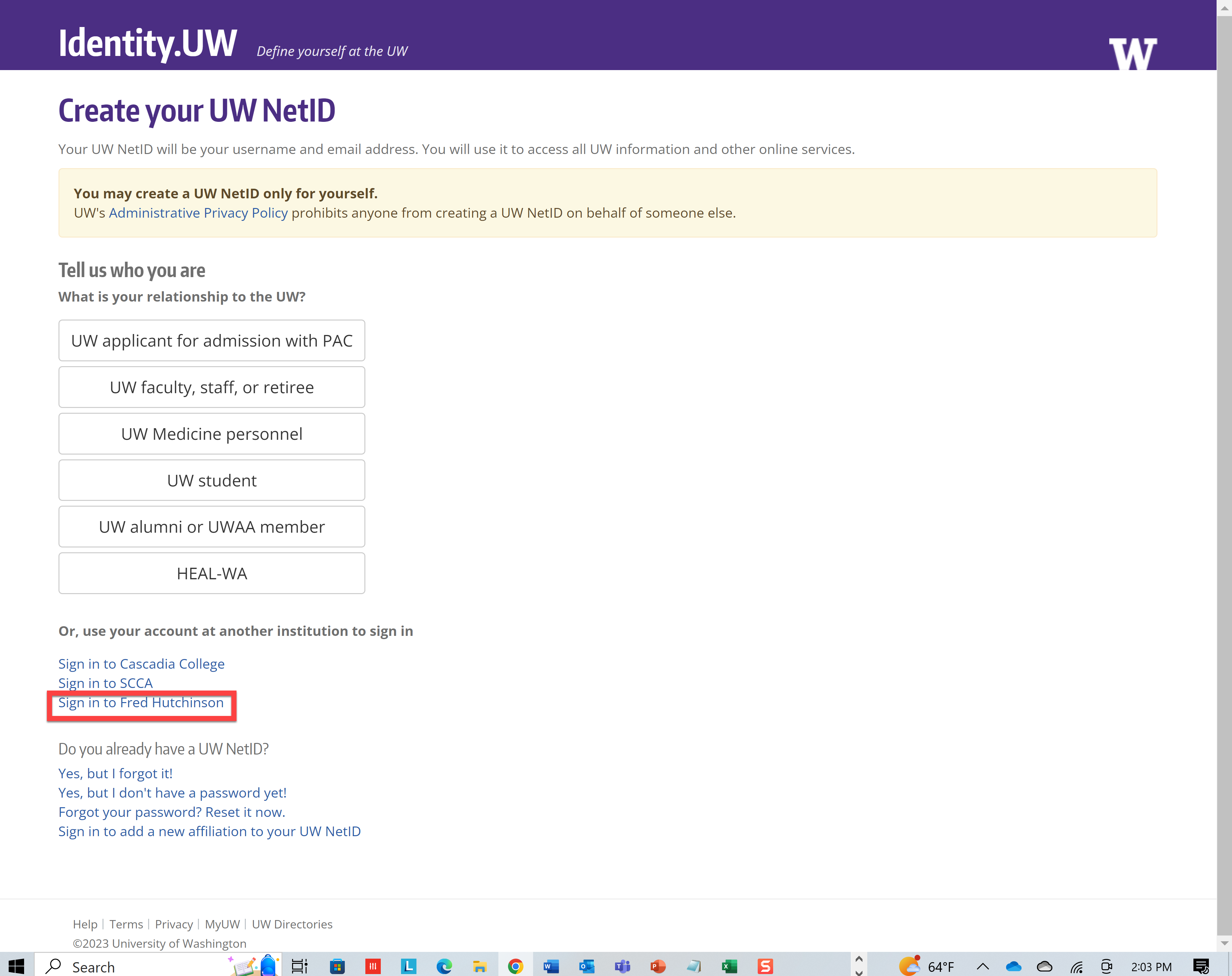 Screen shot of UW IT NetID creation webpage