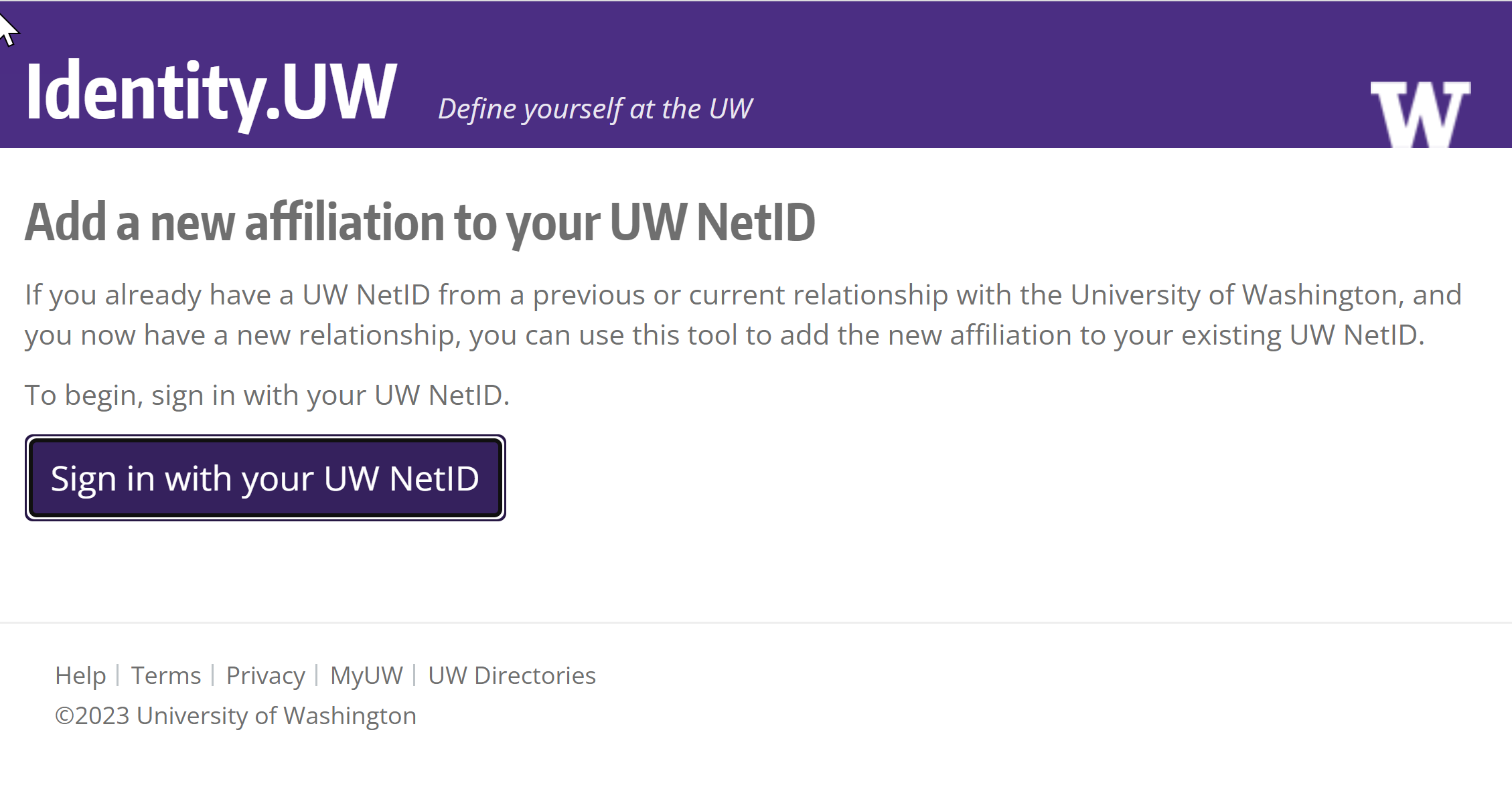 sreenshot of add new affiliation at uw.identity
