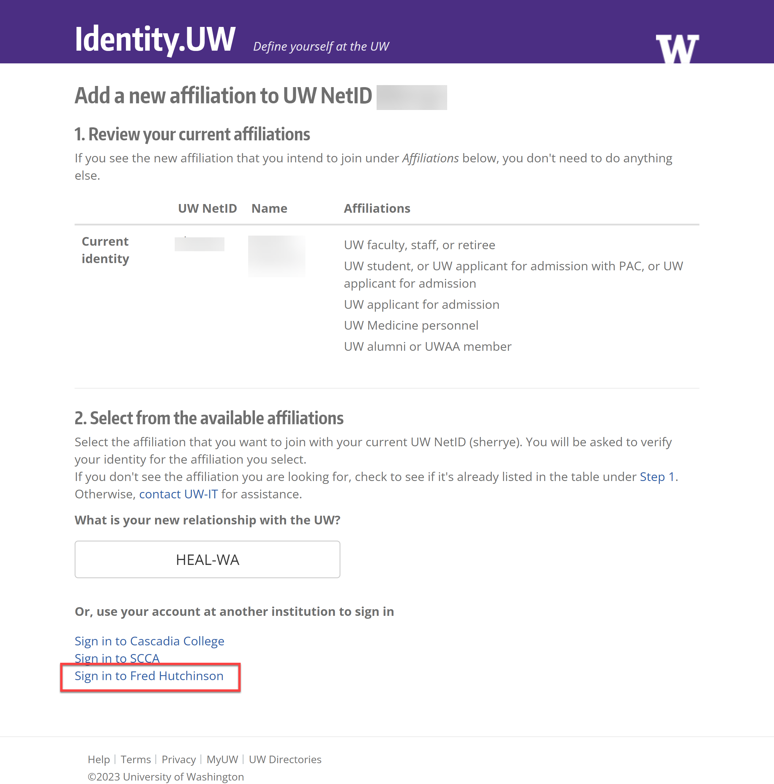 Screen shot of UW IT NetID add a new affiliation webpage