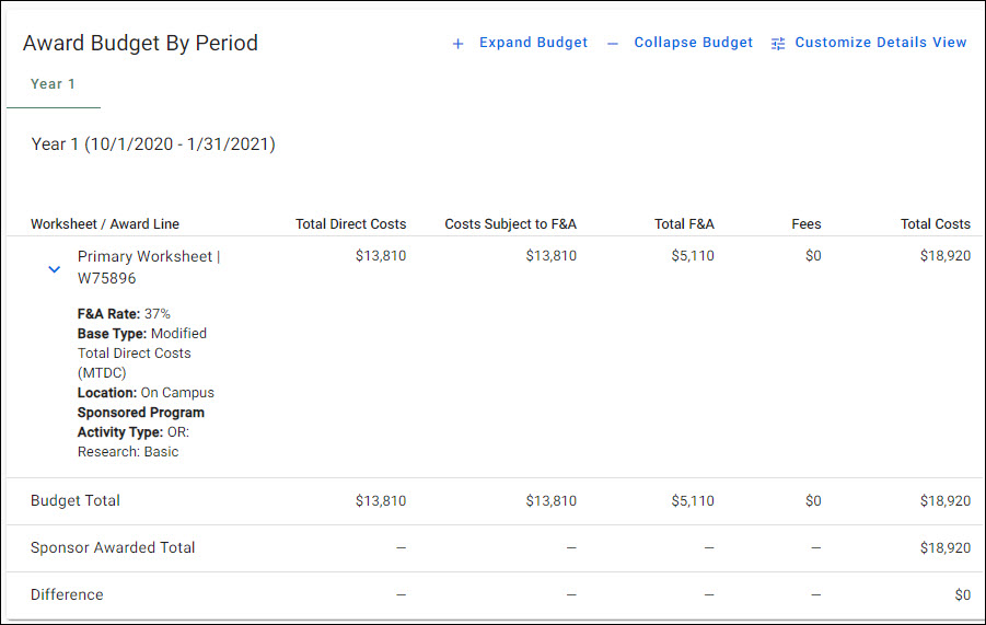 budget all periods unexpanded view
