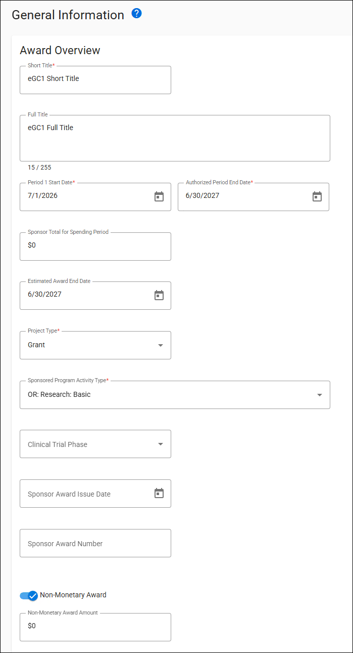 General information panel, award overview
