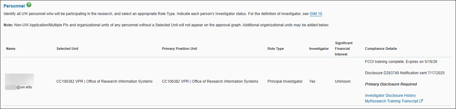 The Personnel page on an eGC1 showing Investigator information including Compliance Details.