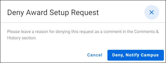 dialog window to deny an award setup request