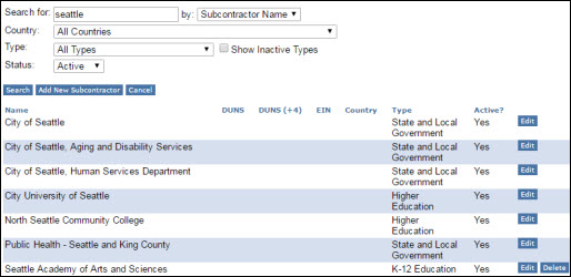 manage subcontractors search criteria and results list