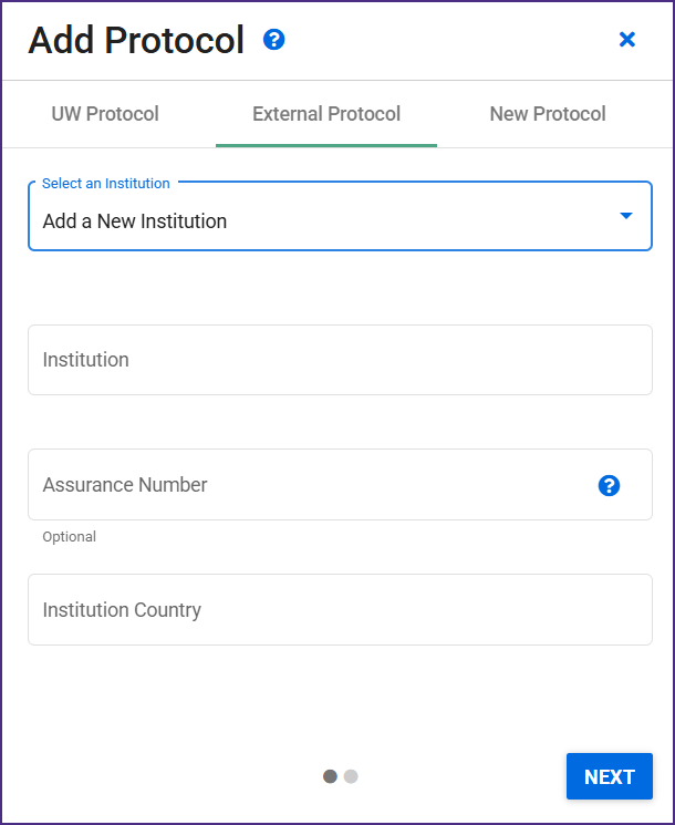 add new external institution dialog