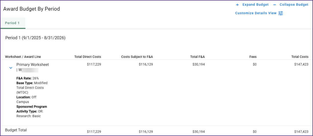 SAGE screenshot showing the Award Budget by Period view with Period 1 selected, which shows a preview of the Primary worksheet, total direct costs, F&A, fees, and total costs.