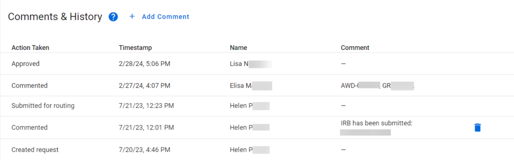 Example of the Comments & History section on a processed award.