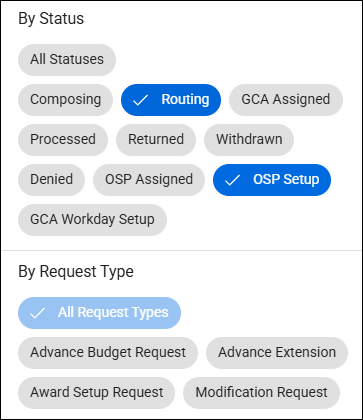 filter list status and request type sections