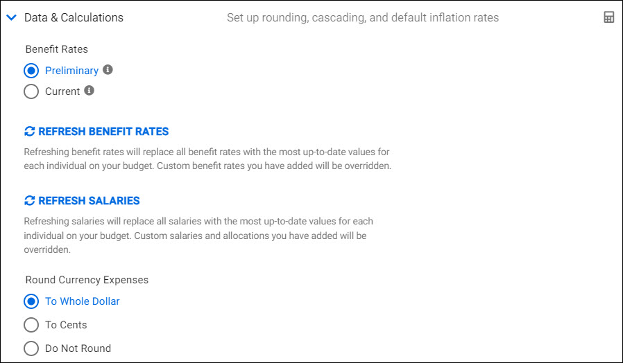 budget settings data calculations